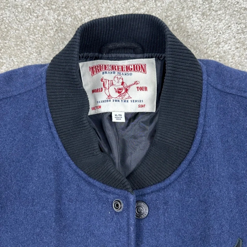 True Religion Mens Wool Blend Varsity Bomber Jacket Navy Black XL TRUE RLGN Logo